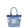 Borsa tote in rete blu da donna, borsa casual di grande capacità con tasca frontale e stampa. - Blu