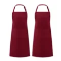 Detailed view of wine red kitchen aprons with adjustable neck strap and front pockets for daily work. - Dark Red
