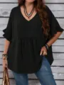 Γυναικείο μαύρο τοπ plus size με V λαιμόκοψη και βολάν μανίκια για το καλοκαίρι σας. - Μαύρο