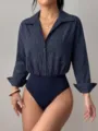 Navy blue vertical striped lapel single-breasted long sleeve bodysuit shirt detail view. - S / Navy Blue