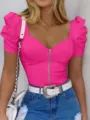Top corto da donna elegante con scollo quadrato e maniche a sbuffo tinta unita slim - Rosso rosa