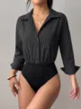 Close-up of the black and white vertical striped long sleeve bodysuit featuring a classic lapel collar. - S / Black
