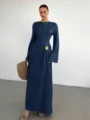 Elegant long sleeve ruched maxi dress detail featuring golden metal buckle and flare cuffs. - S / Navy Blue