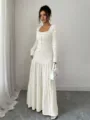 Elegant white textured long sleeve maxi dress with square neck and buttons for women. - S / White