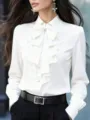 Elegant French lapel bow tie ruffle long sleeve white blouse for women office wear - S / Tops / White
