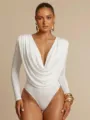Close-up detail of the elegant white cowl neck long sleeve slim fit bodysuit draping pleat. - S / White