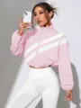 Pink contrast stripe zip-up crop windbreaker jacket with stand collar for women stylish. - S / Pink