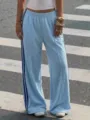 Y2K vintage elastic high waist draped casual long pants with side stripes, stylish street style. - Light Blue and Dark Blue Stripes
