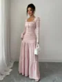 Pink square neck long sleeve maxi dress with textured button details for elegant women fashion. - S / Pink