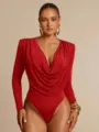Red long sleeve cowl neck bodysuit with shoulder pads and sleek draped pleated design details. - S / Red