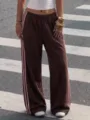 Brown Y2K high waist wide leg track pants with pink side stripes, casual streetwear detail. - Coffee & Pink Stripes