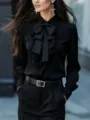 Close-up details of French lapel bow tie ruffle pleated long sleeve black shirt. - S / Tops / Black
