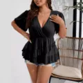 Top peplum nero maniche corte scollo V con volant donna taglie forti elegante estate - 3XL / Nero