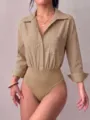 Striped lapel single-breasted long sleeve bodysuit detail view showcasing texture and design. - S / Khaki