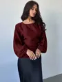 Burgundy long sleeve blouse with elegant round neck and waist cinching for women's daily wear. - S / Black