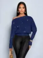 Off-shoulder sequin batwing knit top detail, elegant waist-cinching style for women fashion. - S / Navy Blue