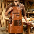 PU leather work apron with multi pockets waterproof utility apron for BBQ woodworking gardening - PU Brown Leather