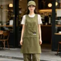 Stylish green work apron vest with multiple pockets, ideal for cafe and restaurant staff use. - Two-Way Utility Style / Army Green