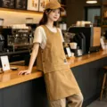 Stylish brown canvas work apron set with vest and cap, perfect for cafe, restaurant and baristas. - Two-Way Utility Style / Camel
