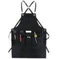 Black canvas tool apron with cross leather straps, multi pockets for woodworking and gardening. - Thick Canvas / Black