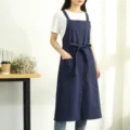 Cotton linen apron with pockets and waist tie, ideal for kitchen, cafe, or floral shop. - Dark Blue
