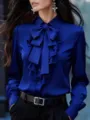 Royal blue long sleeve button down blouse with elegant bow tie neck and front ruffles. - S / Tops / Navy Blue