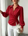 French lapel V-neck wrap tie waist blouse red long sleeve top detail view - Red