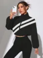 Colorblock Diagonal Stripe Stand Collar Cropped Jacket for Women Casual Streetwear Style - Black
