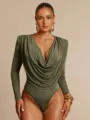 Olive green long sleeve bodysuit detail, featuring a draped cowl V-neck and pleated design. - S / Army Green