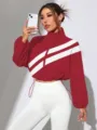 Womens red white colorblock cropped windbreaker jacket casual stand collar zip up coat - Red