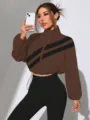 Brown contrast diagonal stripe cropped zip-up jacket, high collar street style daily wear. - Coffee