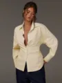 Camicia a maniche lunghe rigata con scollo a V dettaglio, top casual alla moda per donna. - Taglia S / Giallo