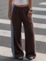2026 autumn new Y2K retro high waist elastic drape casual wide leg pants with side stripes. - Coffee & Blue Stripes