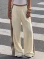 Y2K High Waist Wide Leg Track Pants Casual Cream Trousers with Side Stripes Fall Fashion - Yellow & Coffee Stripes