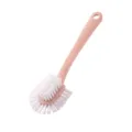 Long handle cleaning brush with white bristles, multi-side design for home laundry and shoes. - Pink