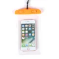 Transparent waterproof phone pouch with secure orange clasp and lanyard for beach and swimming. - Orange