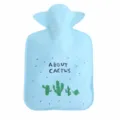 Blue portable hot water bag with cute cactus print, winter hand warmer for students. - Polyester Cloth, Medium (13x20cm)