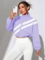 Stylish women's purple colorblock stand collar short jacket zip up windbreaker top. - Purple