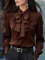 Mujer camisa marrón manga larga cuello solapa lazo volantes plisados elegante chic - Café