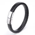 Black braided leather bracelet with stainless steel magnetic clasp for men fashion jewelry detail - Woven Style / 21cm / Steel Clasp Black Leather