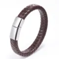 Detailed view of brown braided leather bracelet with stainless steel magnetic clasp for men fashion. - Woven Style / 21cm / Steel Clasp Brown Leather