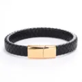 Close-up of black braided leather bracelet with gold stainless steel magnetic clasp. - Woven Style / 21cm / Gold Buckle Black Leather