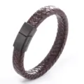 Close-up detail of brown braided leather bracelet with black magnetic stainless steel clasp. - Woven Style / 21cm / Matte Black Clasp Brown Leather