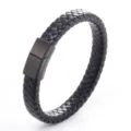 Detailed view of black braided leather bracelet for men with stainless steel magnetic clasp. - Woven Style / 21cm / Matte Black Clasp Black Leather