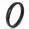Men black braided leather bracelet with stainless steel magnetic clasp fashionable wrist jewelry - Woven Style / 21cm / Polished Black Clasp Black Leather