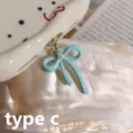 Cute light blue bow phone dust plug with pearl pendant, stylish type c charging port cover. - Style 3 / iOS Phone (Lightning)