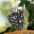 Stainless steel gothic demon mask pendant, retro punk style long horn skull necklace charm detailed view - Pendant Only (Without Chain) / Steel