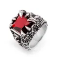 Gothic dragon claw ring with a vibrant red square gemstone, silver tone statement jewelry. - Size 7 / Red