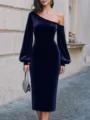 Elegant navy blue velvet one-shoulder long sleeve slim midi dress for women autumn fashion. - S / Dresses / Navy Blue