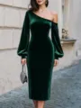 Detailed shot of dark green velvet off-shoulder dress, elegant street fashion style scene. - S / Dresses / Dark Green